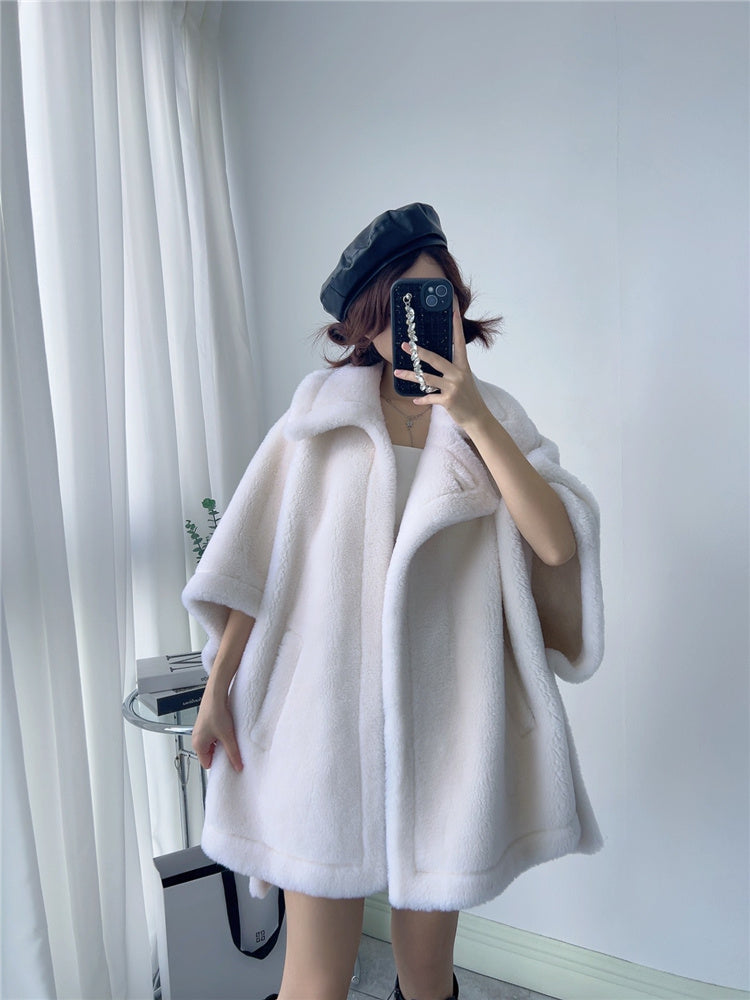 Women's Mid-length Loose Batwing Sleeve Lamb Fur Coat