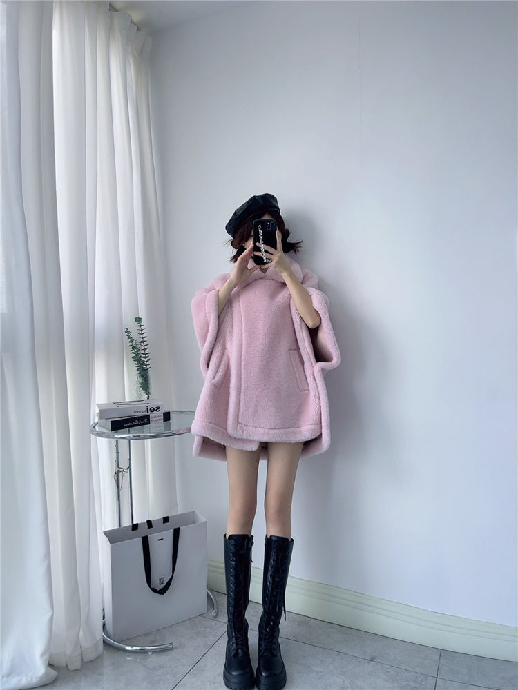 Women's Mid-length Loose Batwing Sleeve Lamb Fur Coat