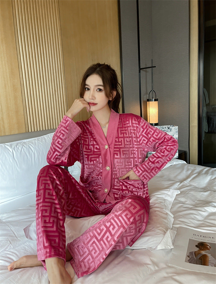 Gold Velvet Women's Pajama Set - Medium Thickness, Long Sleeve, Trousers, Winter Spring Autumn