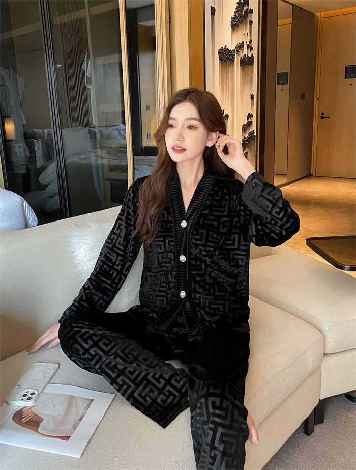 Gold Velvet Women's Pajama Set - Medium Thickness, Long Sleeve, Trousers, Winter Spring Autumn