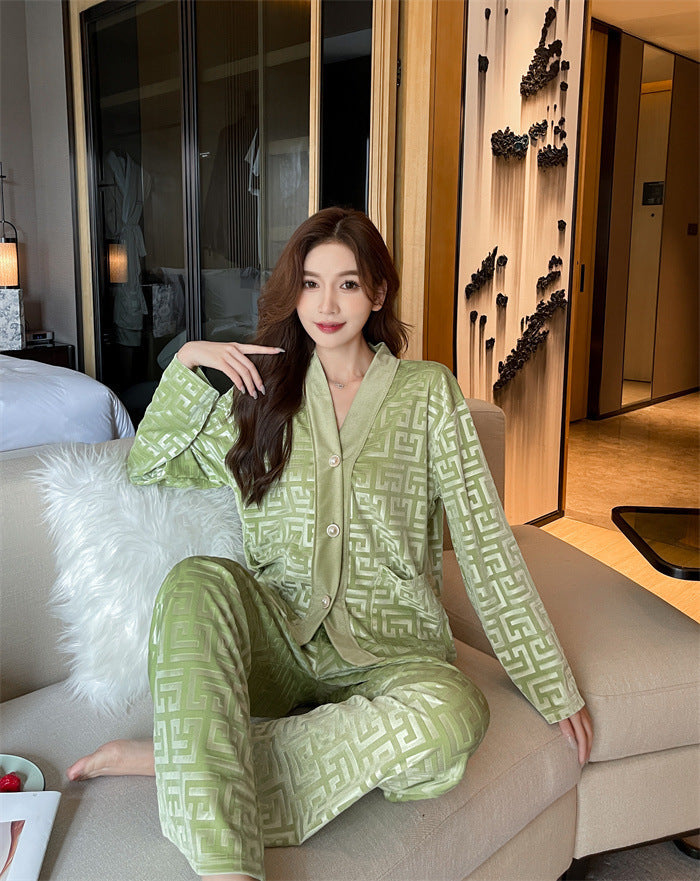 Gold Velvet Women's Pajama Set - Medium Thickness, Long Sleeve, Trousers, Winter Spring Autumn