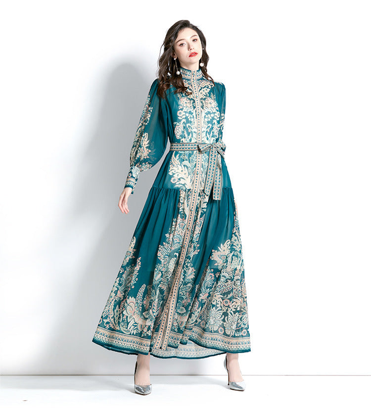 Muslim Women Long Sleeve Puff Sleeve Lace Print Dress with Stand-Up Collar