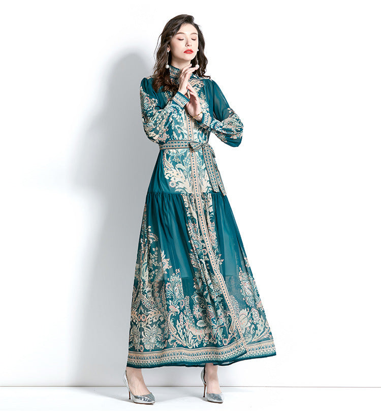 Muslim Women Long Sleeve Puff Sleeve Lace Print Dress with Stand-Up Collar