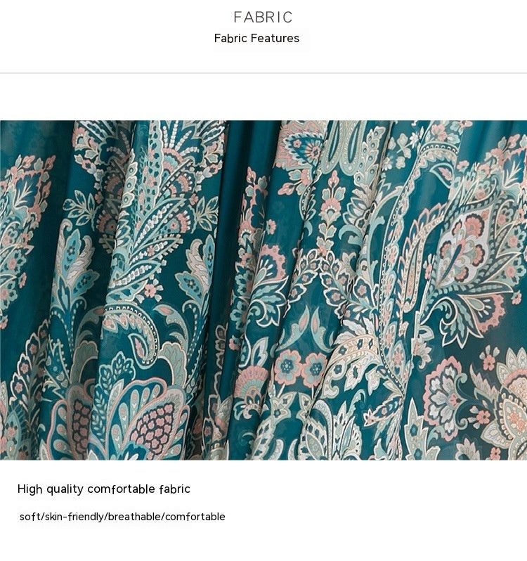 Muslim Women Long Sleeve Puff Sleeve Lace Print Dress with Stand-Up Collar