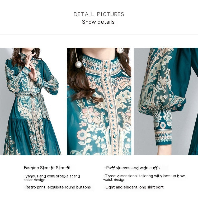 Muslim Women Long Sleeve Puff Sleeve Lace Print Dress with Stand-Up Collar