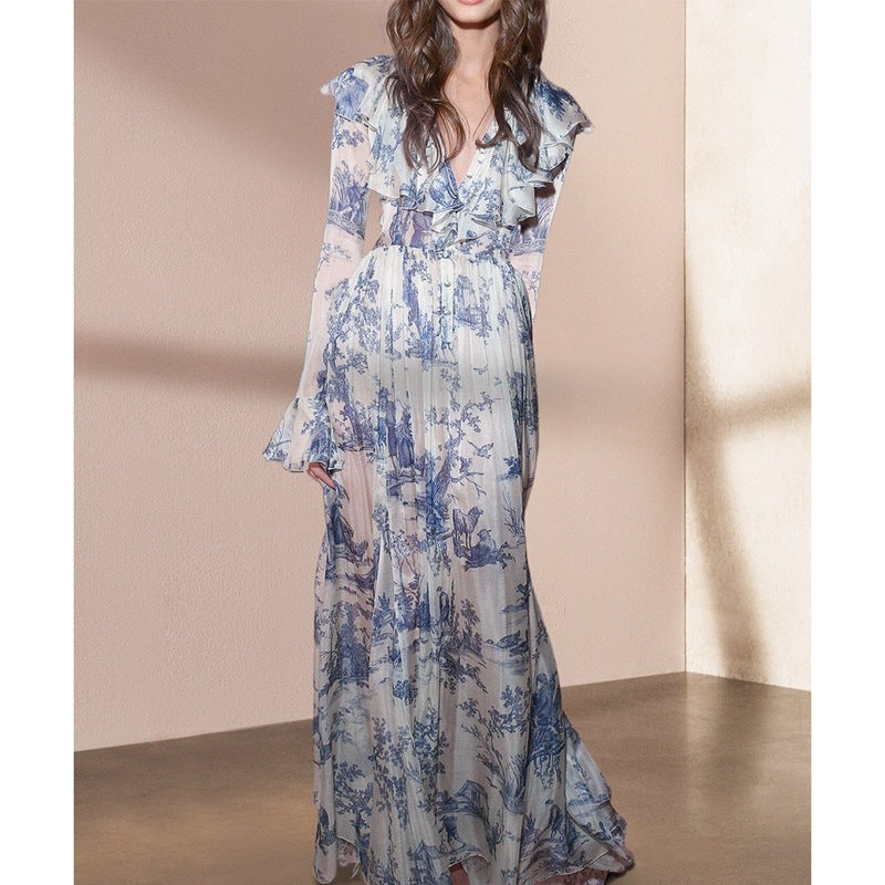 Vacation Style Stand Collar Ink Printing Slim Slimming Shirt Dress