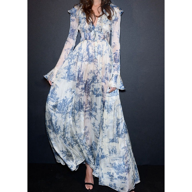 Vacation Style Stand Collar Ink Printing Slim Slimming Shirt Dress