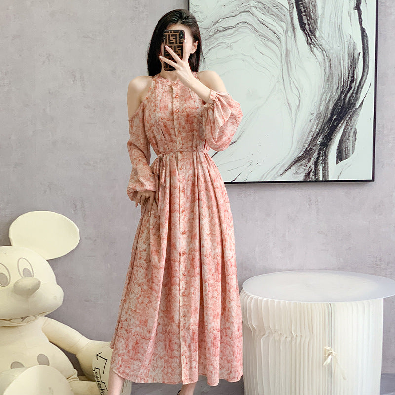 Women's High Waist Floral Lantern Sleeve Dress