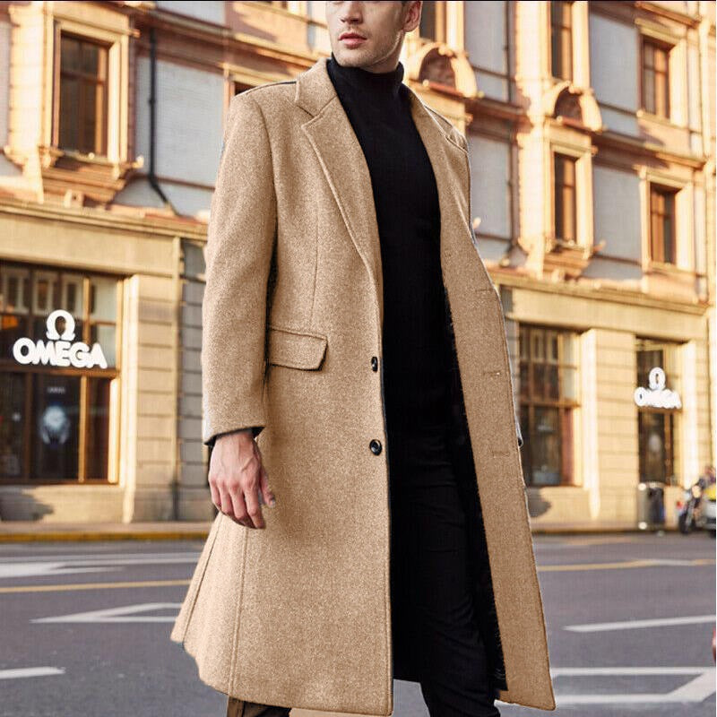 Manteau long trench homme en laine de couleur unie