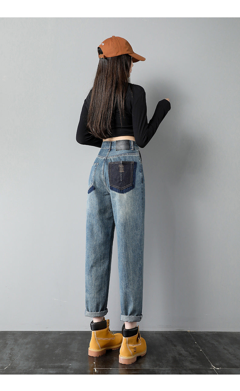 Jeans harem en jean bleu rétro taille haute pour femme avec broderie au dos