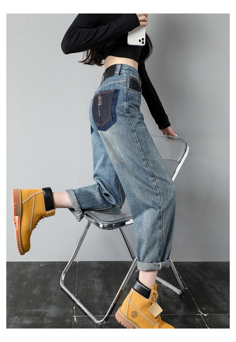 Jeans harem en jean bleu rétro taille haute pour femme avec broderie au dos