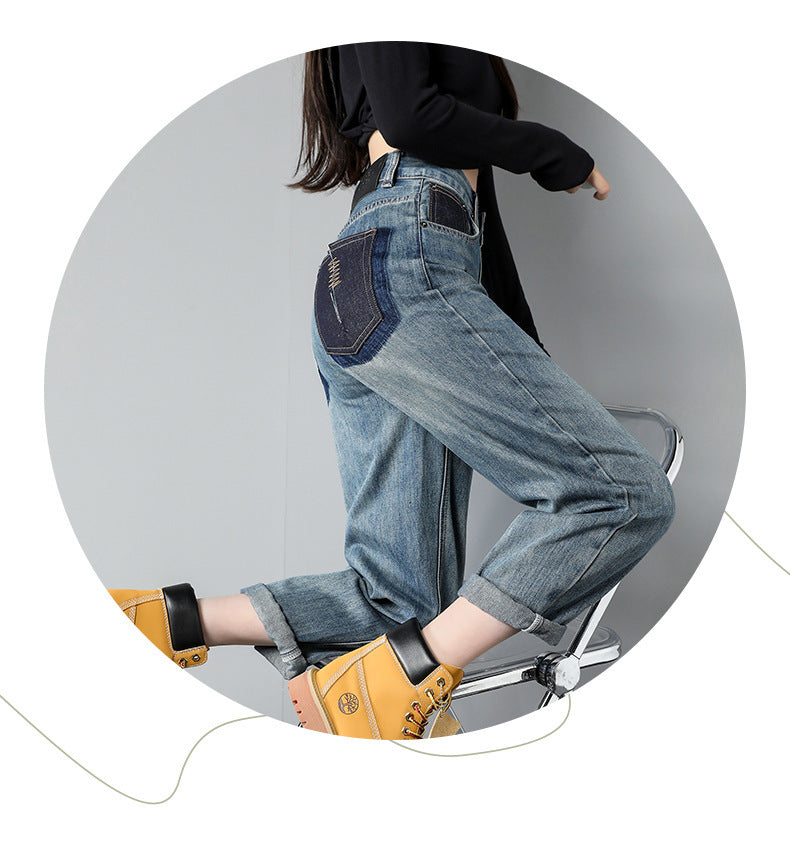 Jeans harem en jean bleu rétro taille haute pour femme avec broderie au dos