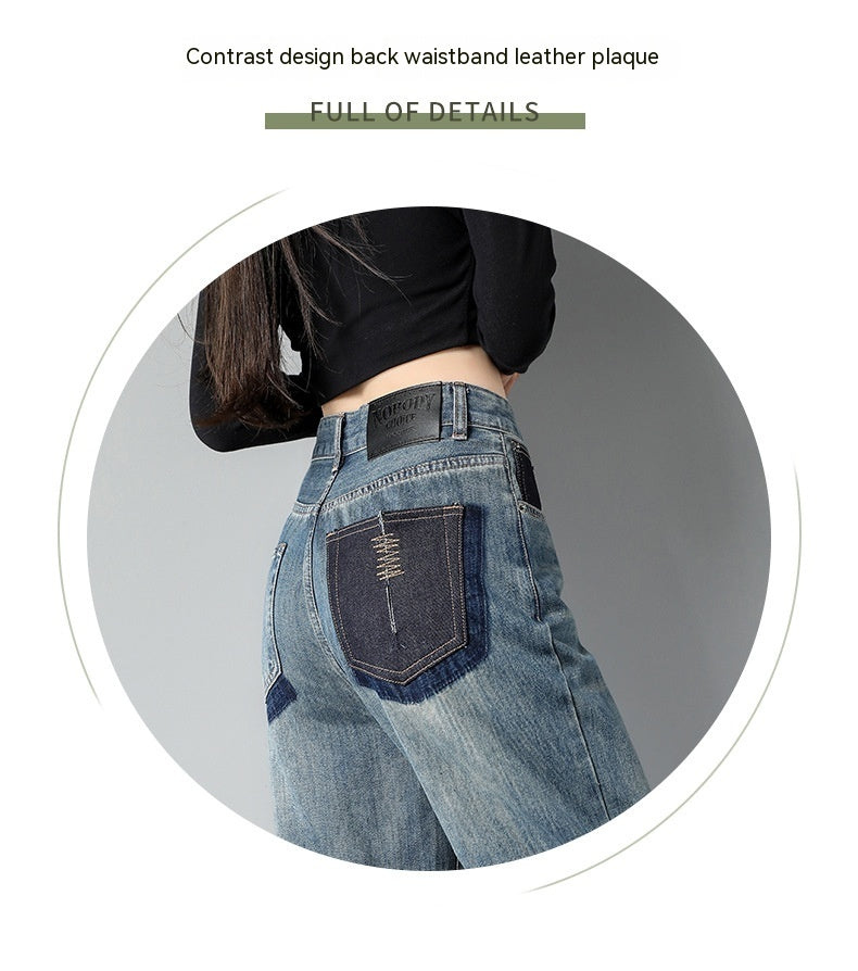 Jeans harem en jean bleu rétro taille haute pour femme avec broderie au dos