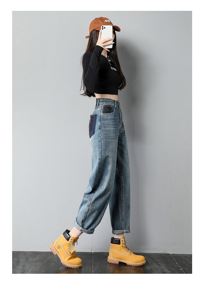 Jeans harem en jean bleu rétro taille haute pour femme avec broderie au dos