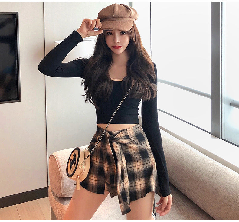 High waist plaid irregular shorts
