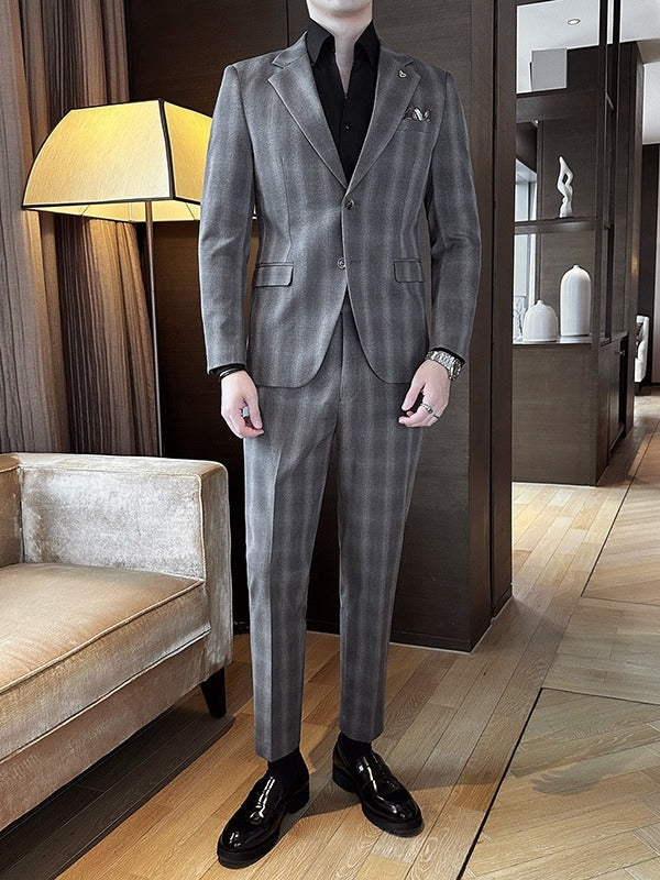 Men's Plaid Leisure Business Formal Two-Piece Suit Set in Gray and Brown