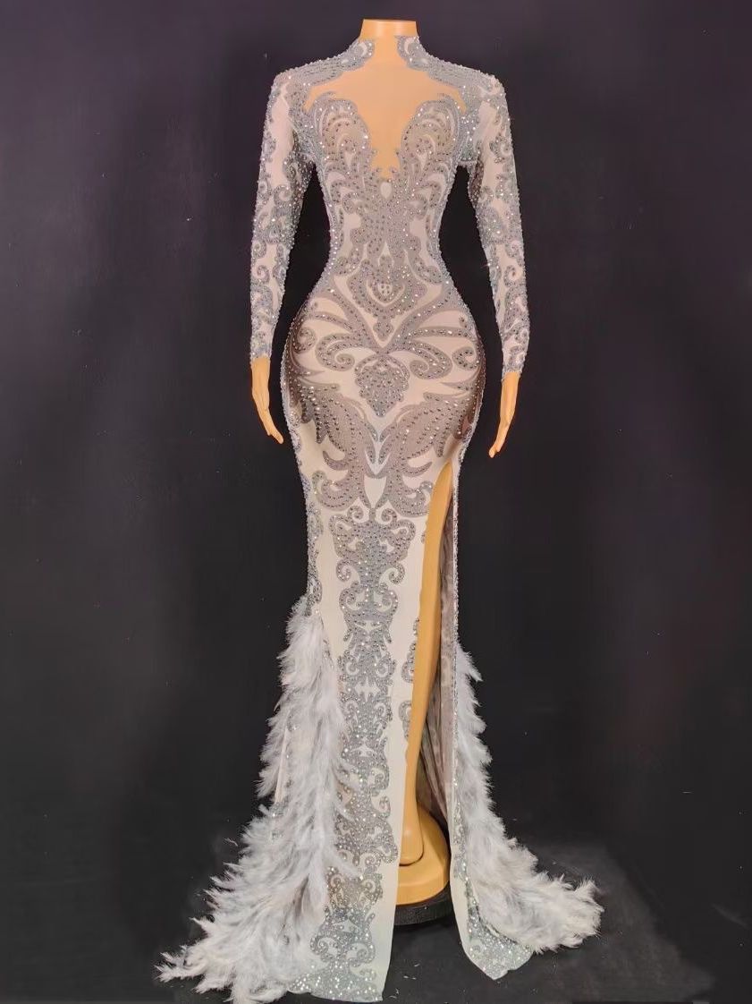 Women's Beaded Feather Long Tight Jumpsuit Dress