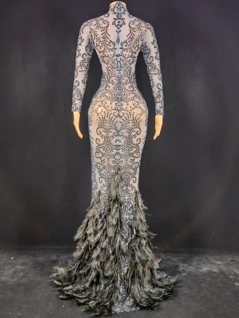 Women's Beaded Feather Long Tight Jumpsuit Dress