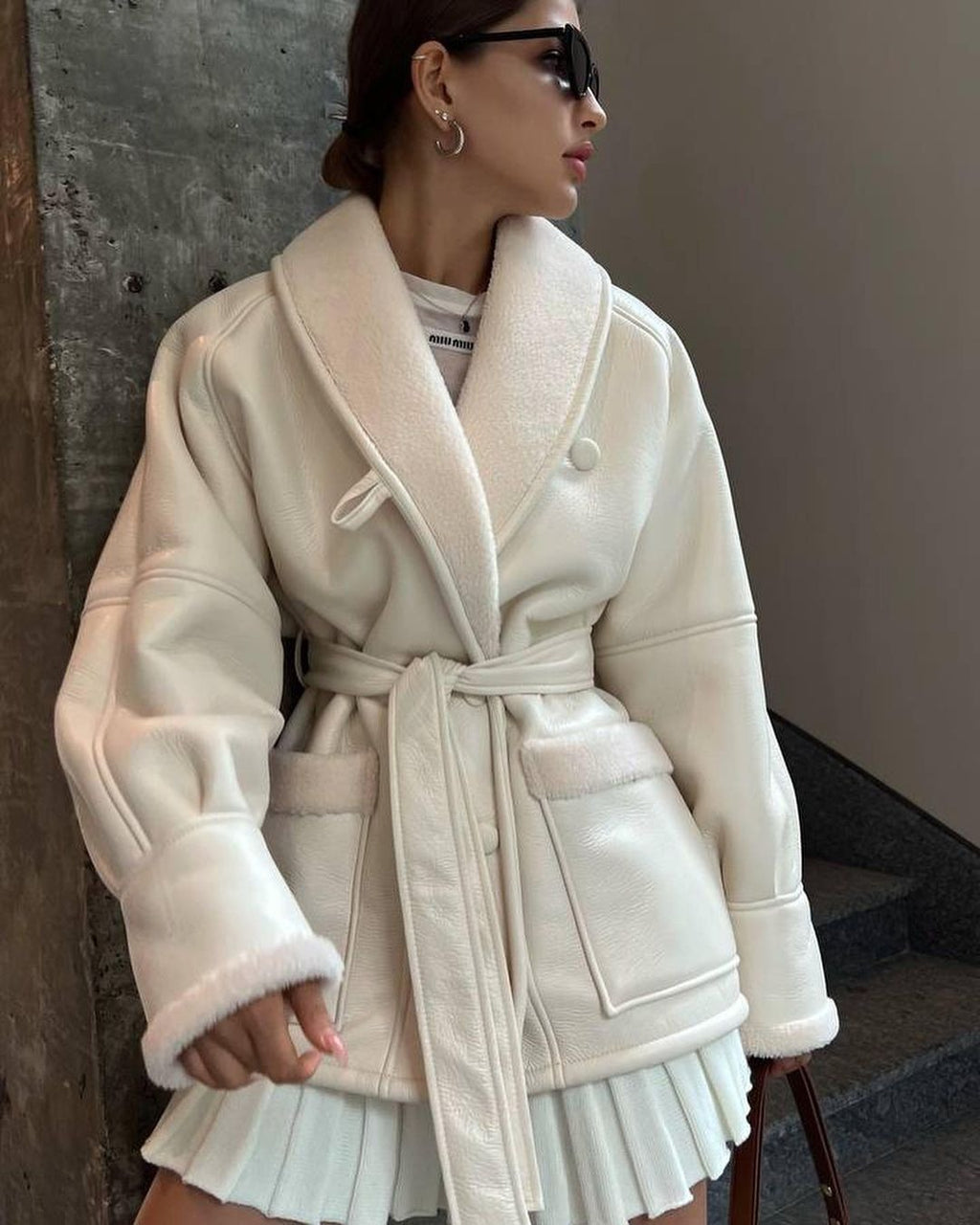 Women’s Long Sleeve Leather and Fur Splicing Coat