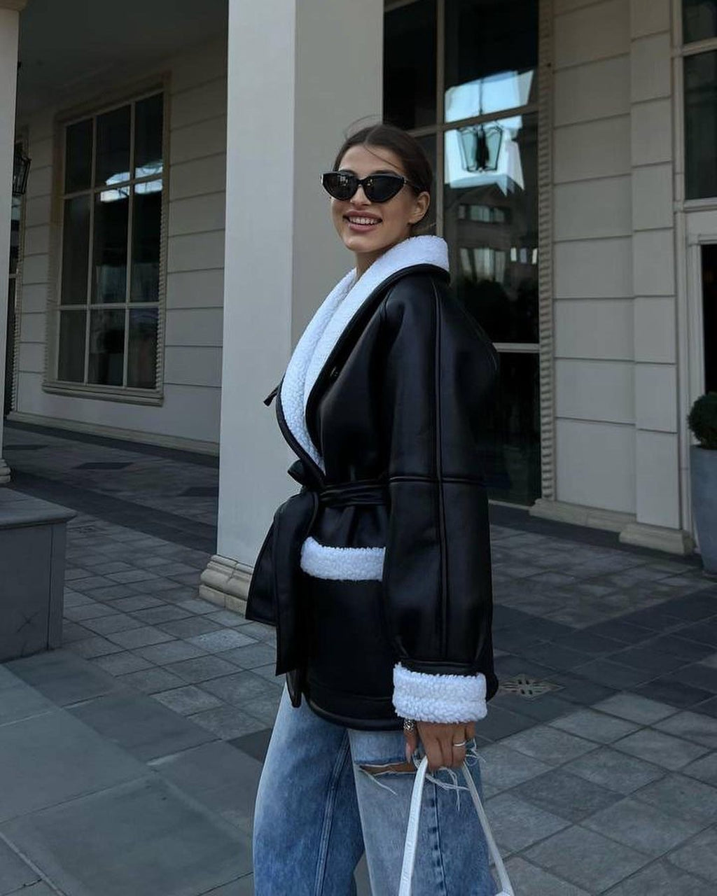 Women’s Long Sleeve Leather and Fur Splicing Coat