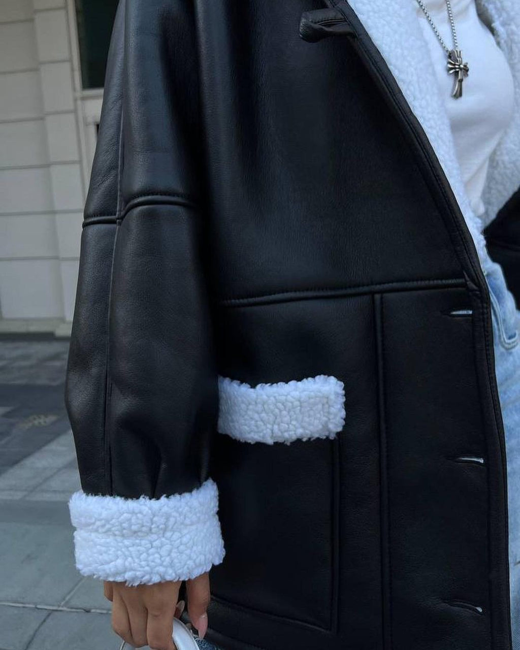Women’s Long Sleeve Leather and Fur Splicing Coat