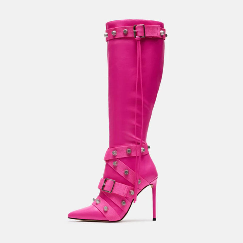 Metal Leather Pointed Stiletto Heel High Leg Boot with Rivets