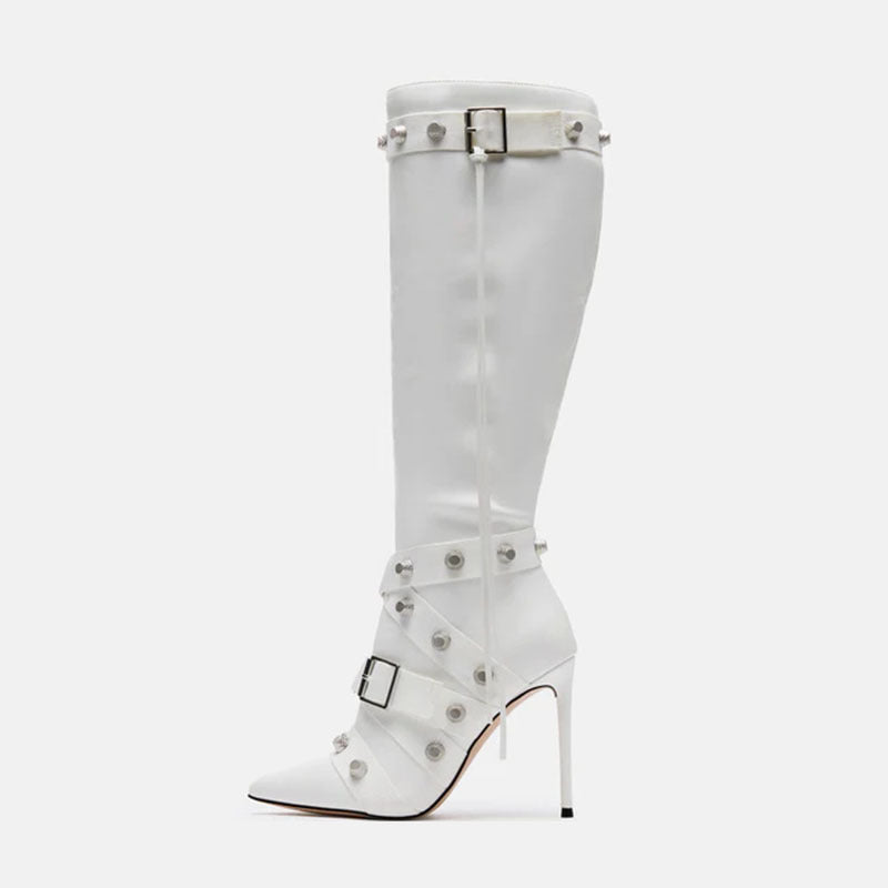 Metal Leather Pointed Stiletto Heel High Leg Boot with Rivets