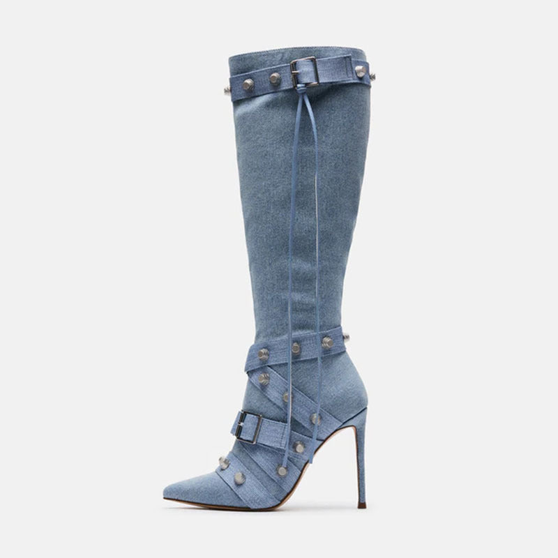 Metal Leather Pointed Stiletto Heel High Leg Boot with Rivets