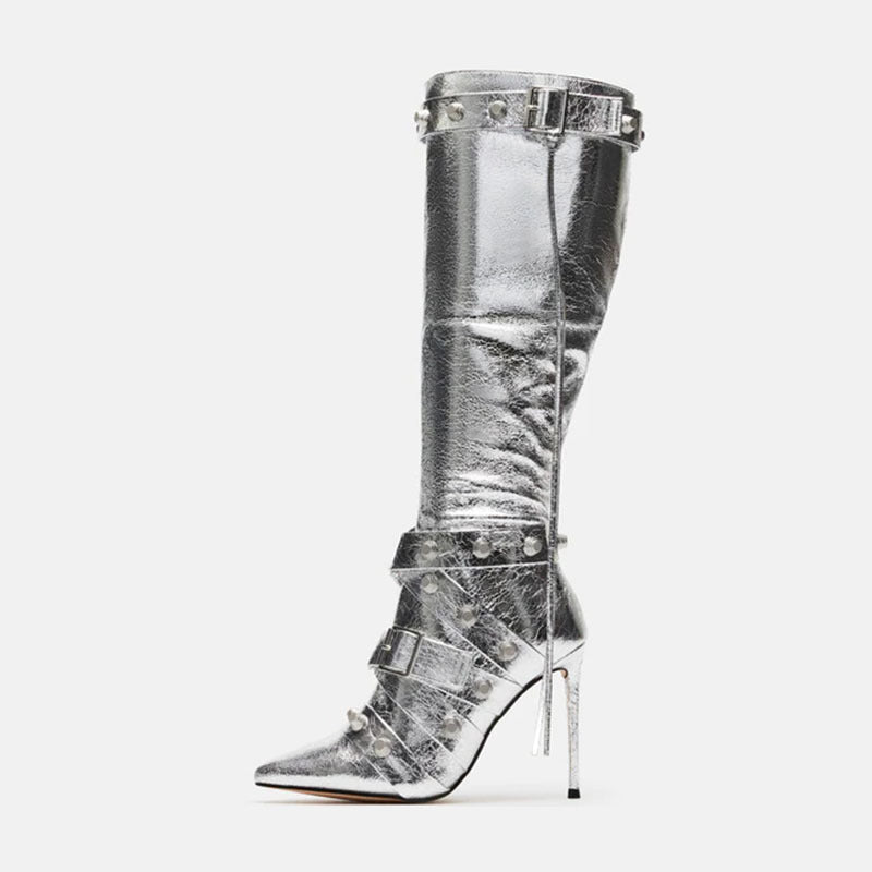 Metal Leather Pointed Stiletto Heel High Leg Boot with Rivets