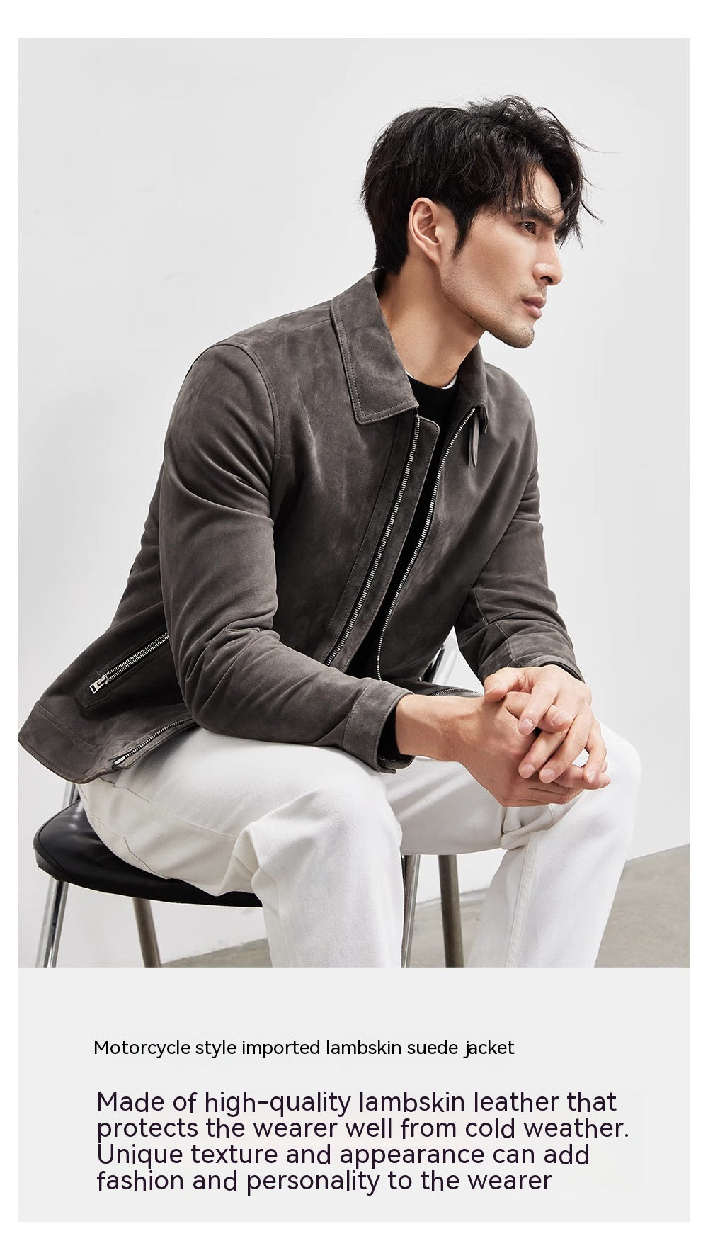 Luxury Graphite Genuine Lambskin Suede Leather Men's Biker Jacket