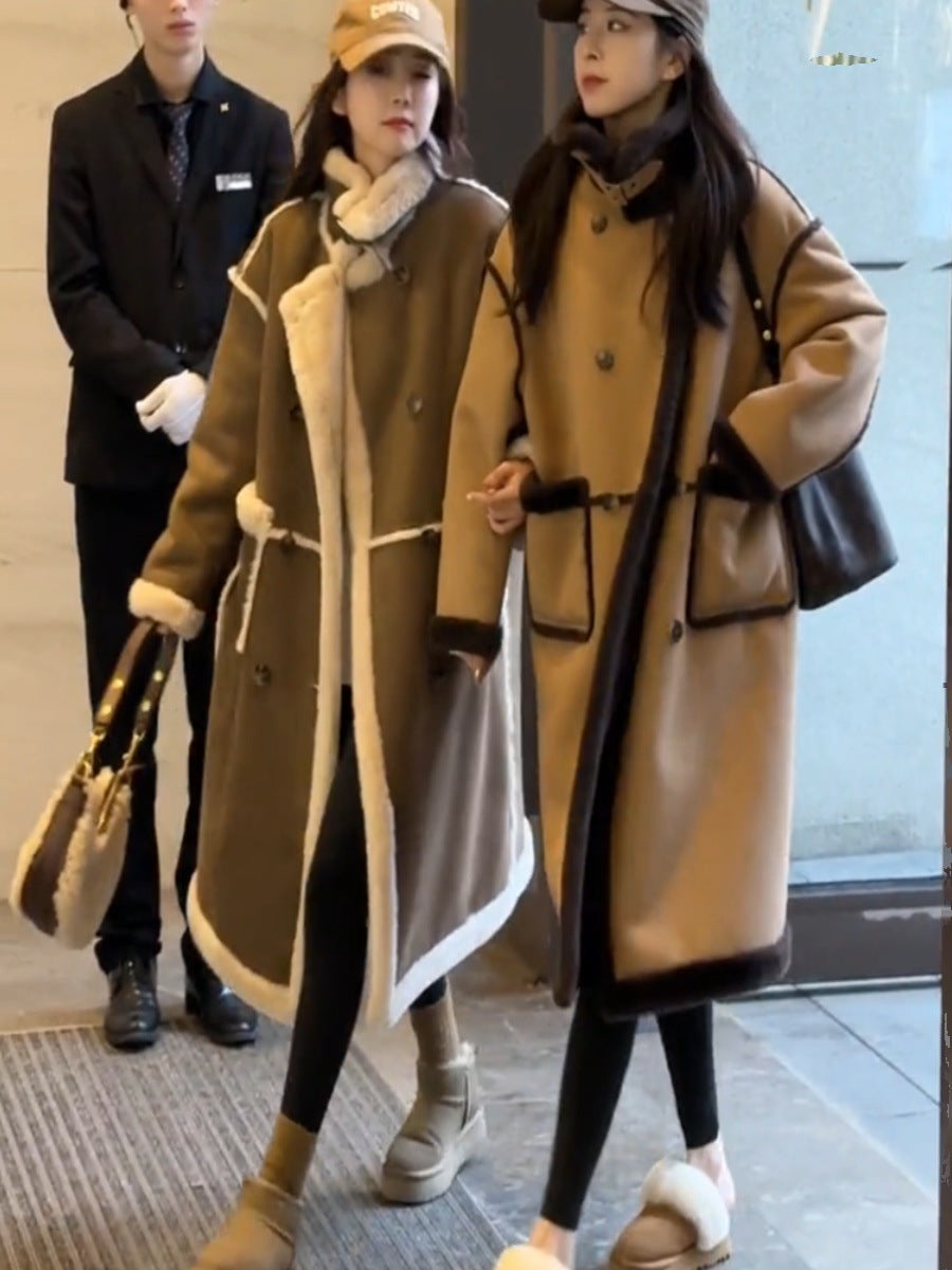 Manteau long ample d'hiver en laine d'agneau et cachemire double face pour femme avec particules de fourrure