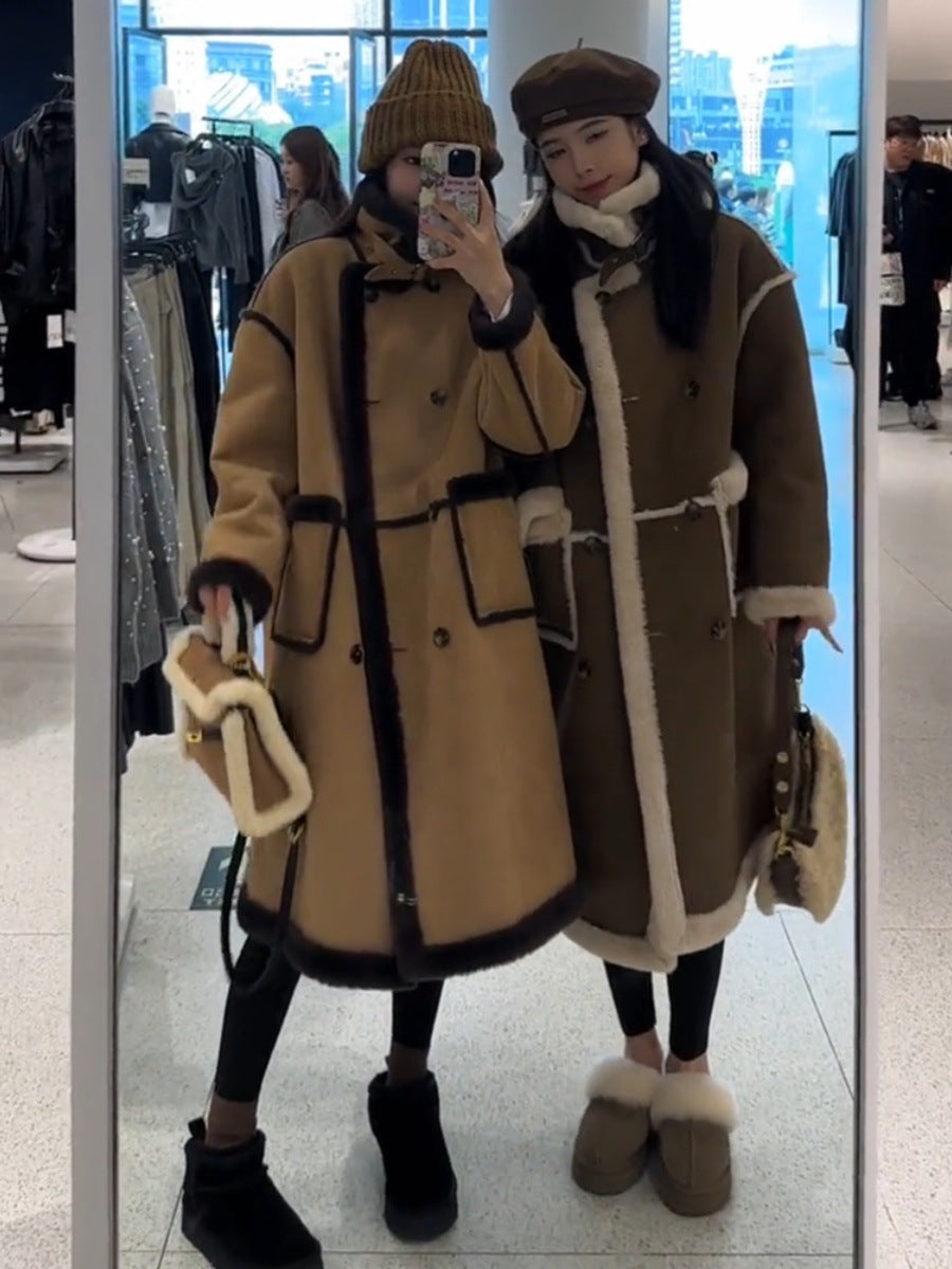 Manteau long ample d'hiver en laine d'agneau et cachemire double face pour femme avec particules de fourrure