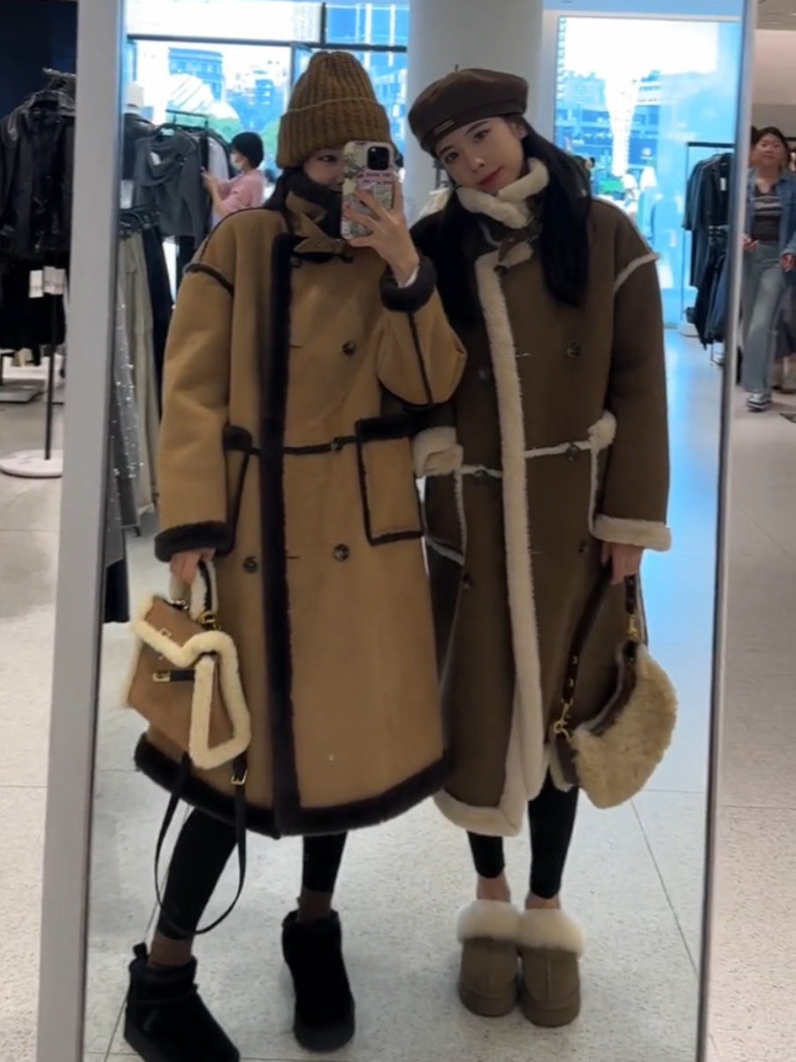 Manteau long ample d'hiver en laine d'agneau et cachemire double face pour femme avec particules de fourrure