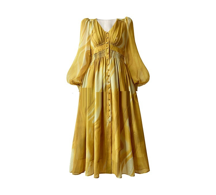 V-Neck Long Sleeve A-Line Chiffon Skirt with Waistband