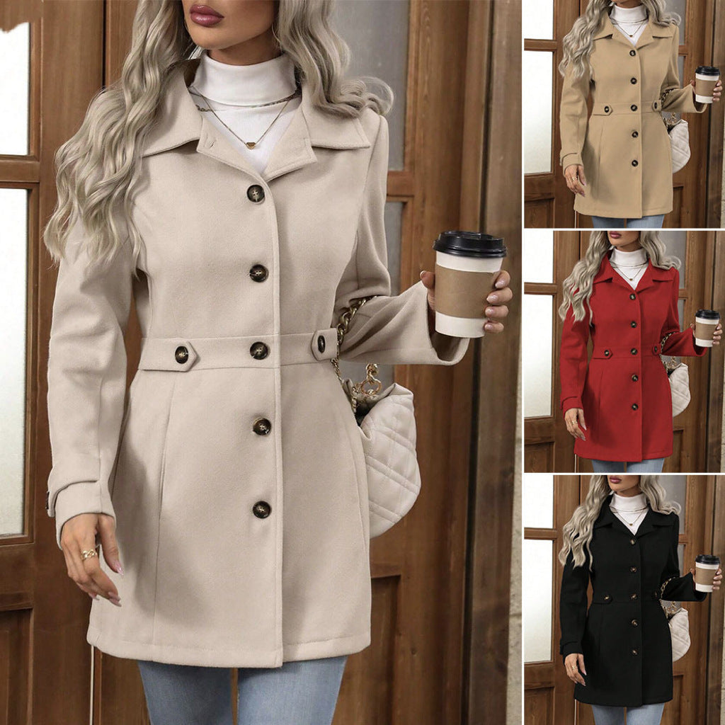 Elegant Single-Breasted Woolen Mid-Length Coat for Women with Buttons and Lapel