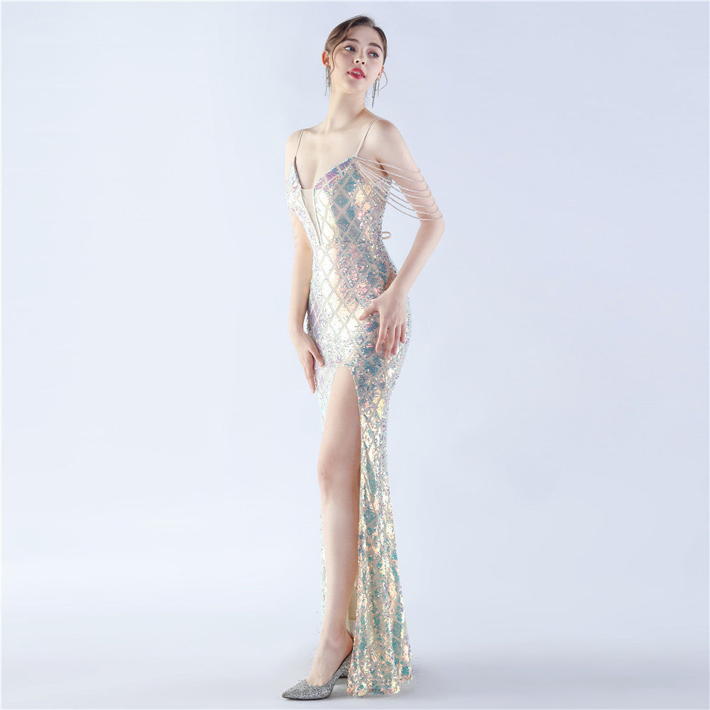 A Classy Trendy Fishbone Waist-tight Ratchet Tie Down Magic Color Sequin Craft Beaded High-end Evening Dress