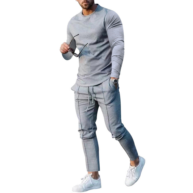 Ensemble décontracté pour homme : T-shirt à manches longues, col rond, poches, pantalon crayon à cordon de serrage.