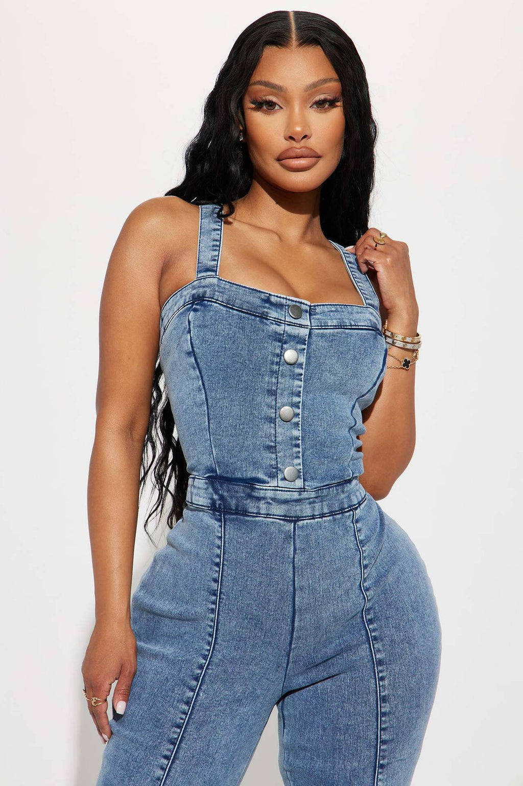 Women's Washed Blue Cotton Denim Suspender Jumpsuit Wide-Leg Slim Fit