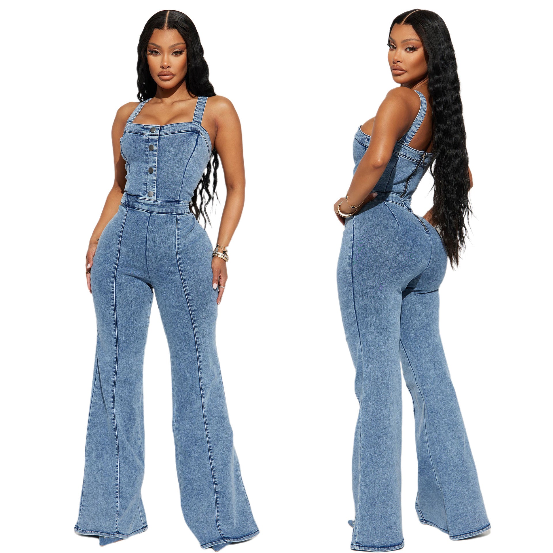 Women's Washed Blue Cotton Denim Suspender Jumpsuit Wide-Leg Slim Fit