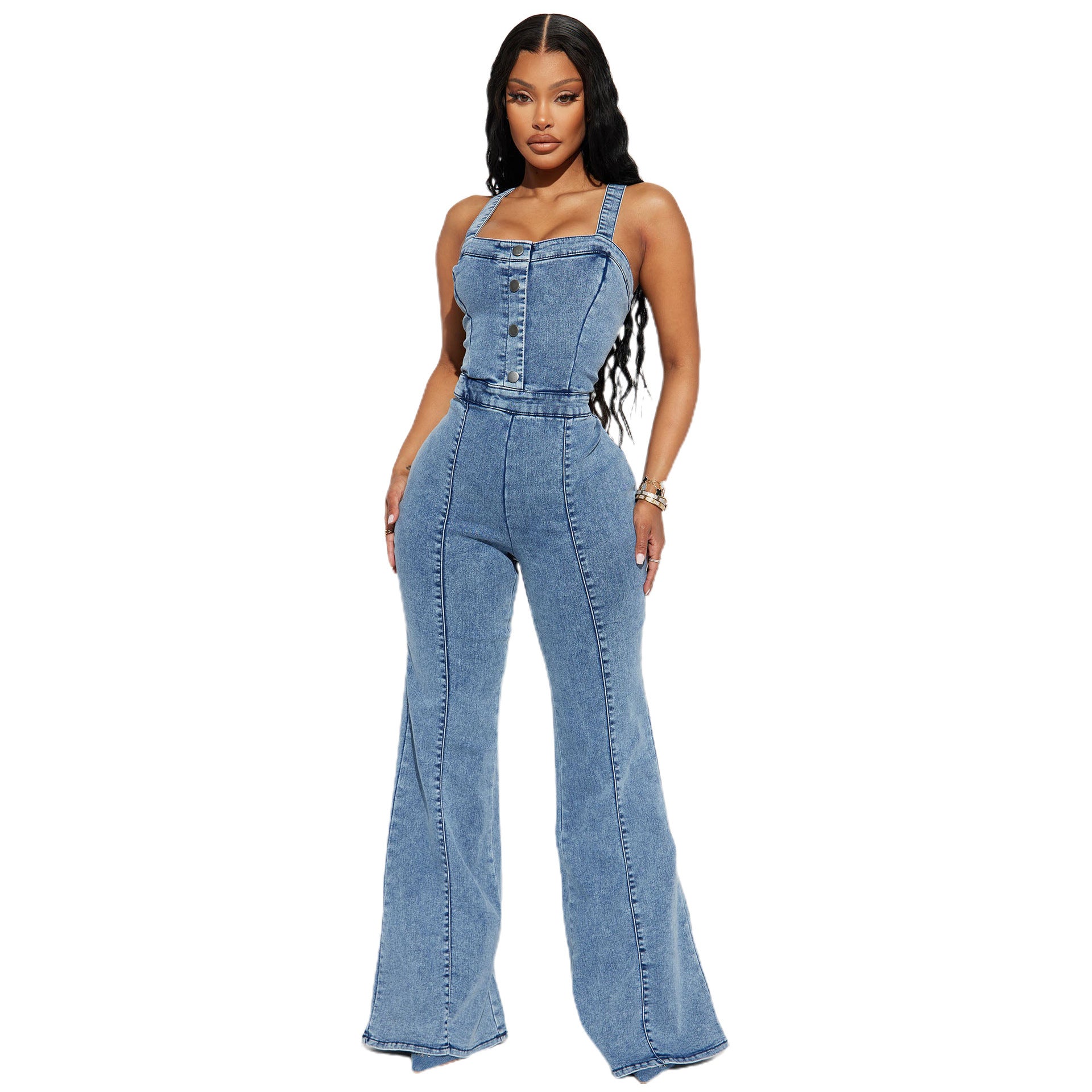 Women's Washed Blue Cotton Denim Suspender Jumpsuit Wide-Leg Slim Fit