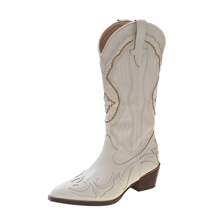 Bottes de cowboy western beiges brodées à talons hauts pour femmes, grandes tailles