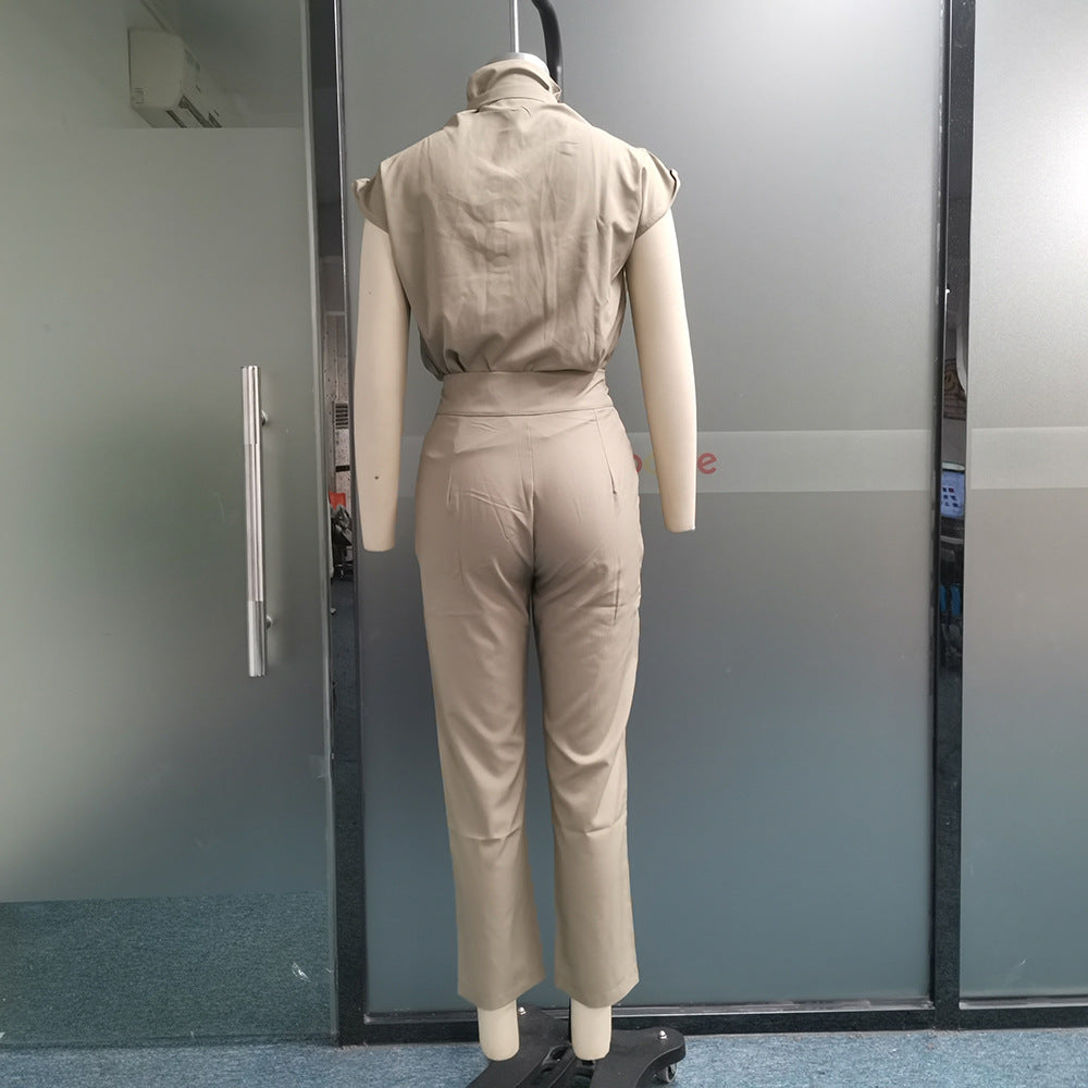 Shoulder and Waist Slimming Blouse with Belt and Pants Set