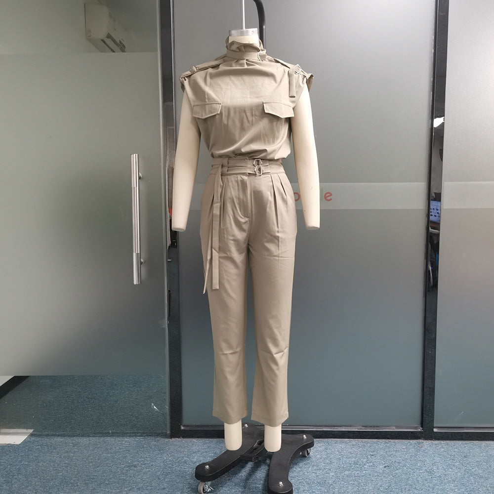 Shoulder and Waist Slimming Blouse with Belt and Pants Set