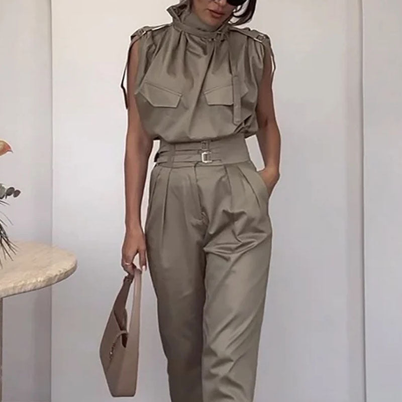Shoulder and Waist Slimming Blouse with Belt and Pants Set