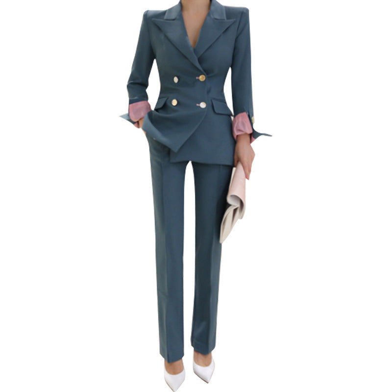 Blue Two-Piece Polyester Business Suit, Long Sleeve, Sizes S-XL