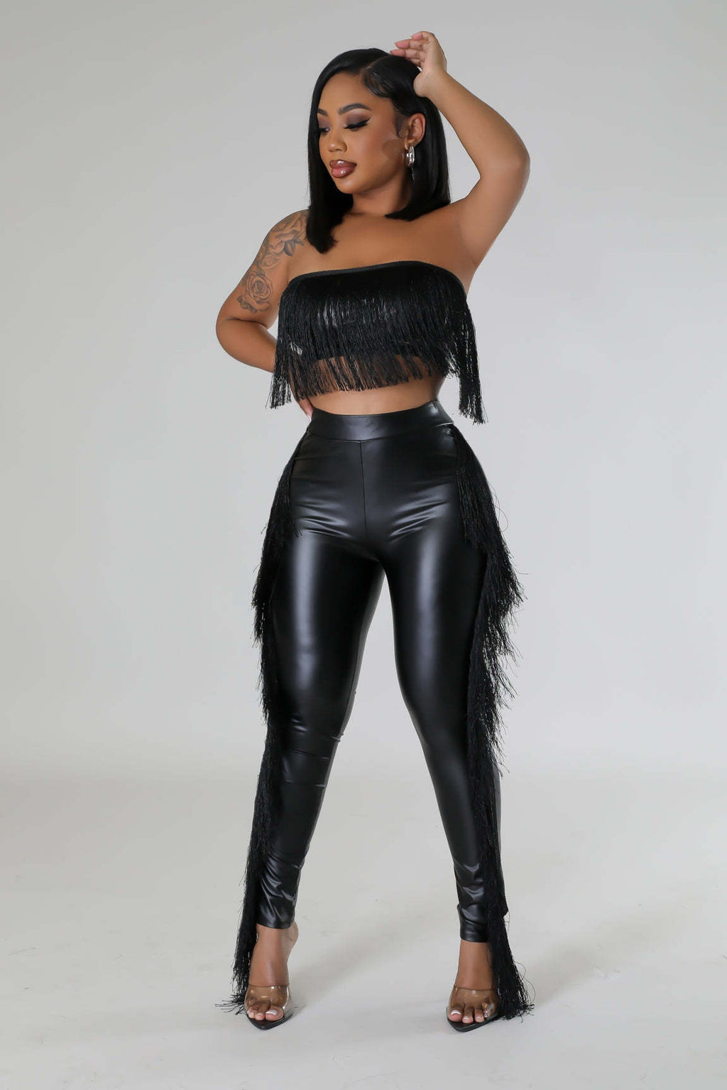 Sexy Bandeau Tassel Slim-Fit Trousers Two-Piece Set for Nightclub