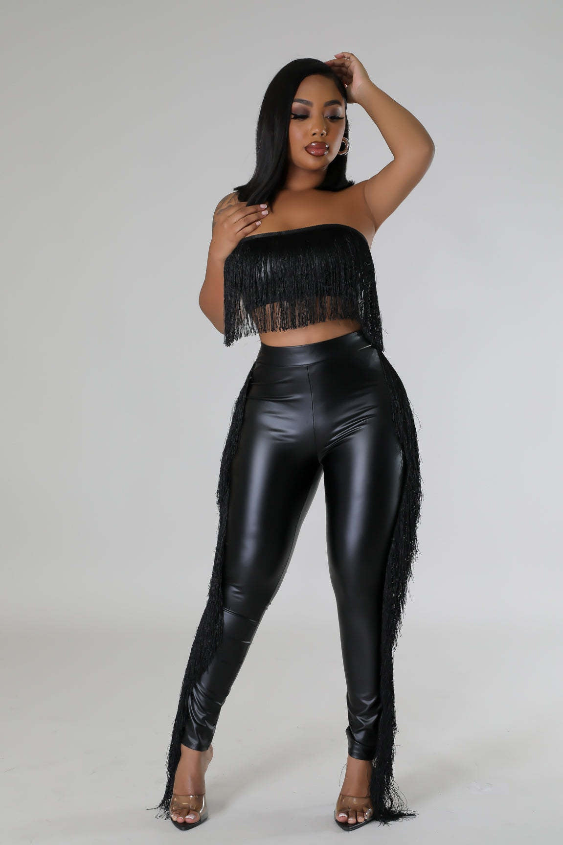 Sexy Bandeau Tassel Slim-Fit Trousers Two-Piece Set for Nightclub