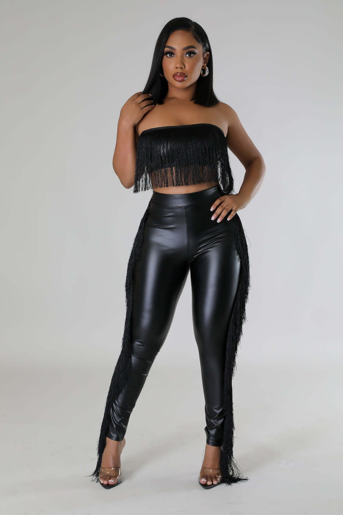 Sexy Bandeau Tassel Slim-Fit Trousers Two-Piece Set for Nightclub