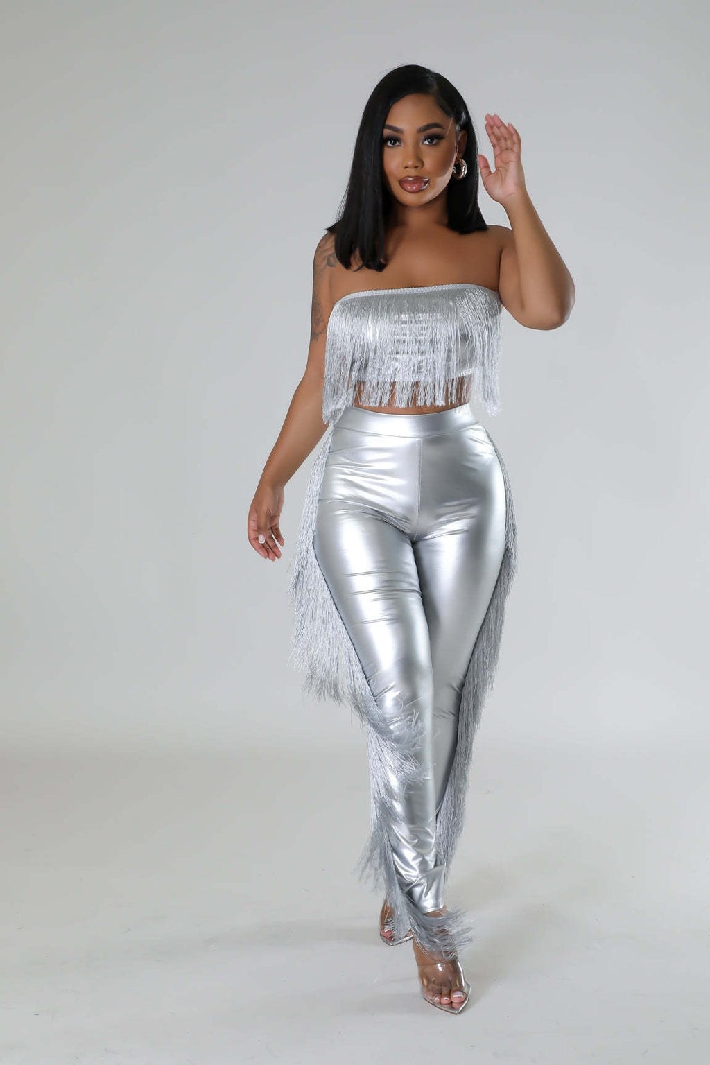 Sexy Bandeau Tassel Slim-Fit Trousers Two-Piece Set for Nightclub