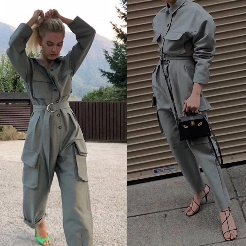Shirt style long sleeve waist and wide leg overalls for women